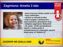 child alert Amelia 3 - lata. Zdjęcie uprowadzonej Amelii z komunikatem