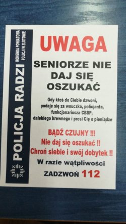 Ulotka, ostrzegająca seniorów przed działaniem oszustów. 
Seniorze nie daj się oszukać.