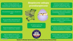 Infografika przygotowana Wydział Profilaktyki Społecznej Biura Prewencji Komendy Głównej przedstawiająca porady dotyczące bezpiecznych przedświątecznych zakupów. Na środku infografiki wózek do zakupów oraz kurczaczek wyglądający z przez pękniętą skorupkę. U dołu infografiki logo 100-rocznicy powołania Policji Państwowej  1919-2019 po bokach zaś porady w poszczególnych chmurkach.