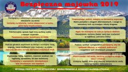 Plakat z poradami, aby weekend majowy 2019 był bezpieczny. Porady dotyczące bezpiecznej podróży, wypoczynku nad wodą, właściwego zabezpieczenia mienia, mieszkania, domu przed wyjazdem. Porady umieszczone na tle masywu górskiego. W lewym górnym rogu logo upamiętniające 100 rocznicę powołania Policji Państwowej.