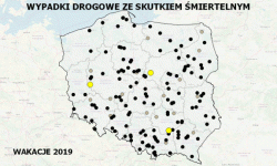 Mapa wypadków drogowych ze skutkiem śmiertelnym – WAKACJE 2019 stan na dzień 9 lipca 2019 roku.