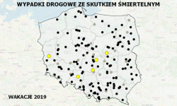 Mapa wypadków drogowych ze skutkiem śmiertelnym – WAKACJE 2019 z dnia 11 lipca 2019 roku