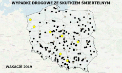 Mapa wypadków drogowych ze skutkiem śmiertelnym wakacje 2019 stan na dzień 16 lipca