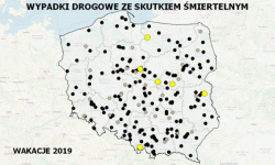 Mapa wypadków drogowych ze skutkiem śmiertelnym – WAKACJE 2019