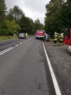 Zdjęcie przedstawia samochód opel leżący na boku drogi. Na miejscu zdarzenia pracują policjanci i straż pożarna