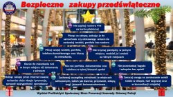 Plakat przedstawiający porady dotyczące bezpiecznych zakupów przedświątecznych