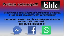 Policja ostrzega przed oszustami na tzw. BLIK-a. Infografika z logiem Facebook, Messenger i WatsApp i hasłem Policja ostrzega.