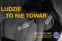 Zdjęcie przedstawia dwie odwrócone młode kobiety i hasło Ludzie to nie towar