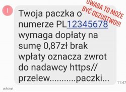 Przykładowa treść wiadomości z informacją o dopłacie do paczki