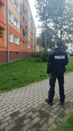 Umundurowany policjant patroluje pieszo ulice miasta Złotów. Zdjęcie wykonane z tyłu