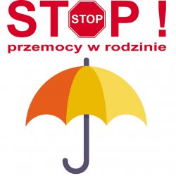 Logo aplikacji Twój Parasol. Napis stop przemocy w rodzinie z wykorzystaniem znaku b-20 stop jako litery o. Pod napisem znajduje się grafika parasola w kolorach od żółtego do pomarańczowego. Jeszcze niżej widnieje napis Aplikacja Twój Parasol