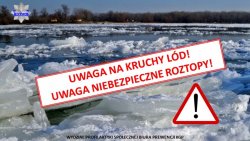 Widoczny zbiornik wodny w którym pływa kra i napis uwaga kruchy lód, uwaga na roztopy. Po prawej stronie znajduje się znak ostrzegawczy informujący o zagrożeniu