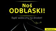 Logo akcji noś odblaski bądź widoczny. Na infografice widoczne hasło noś odblaski napisane żółtą czcionką i droga w kolorze czarnym