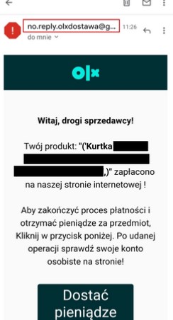 Na zdjęciu widać screen ekranu z wiadomością od oszusta z OLX